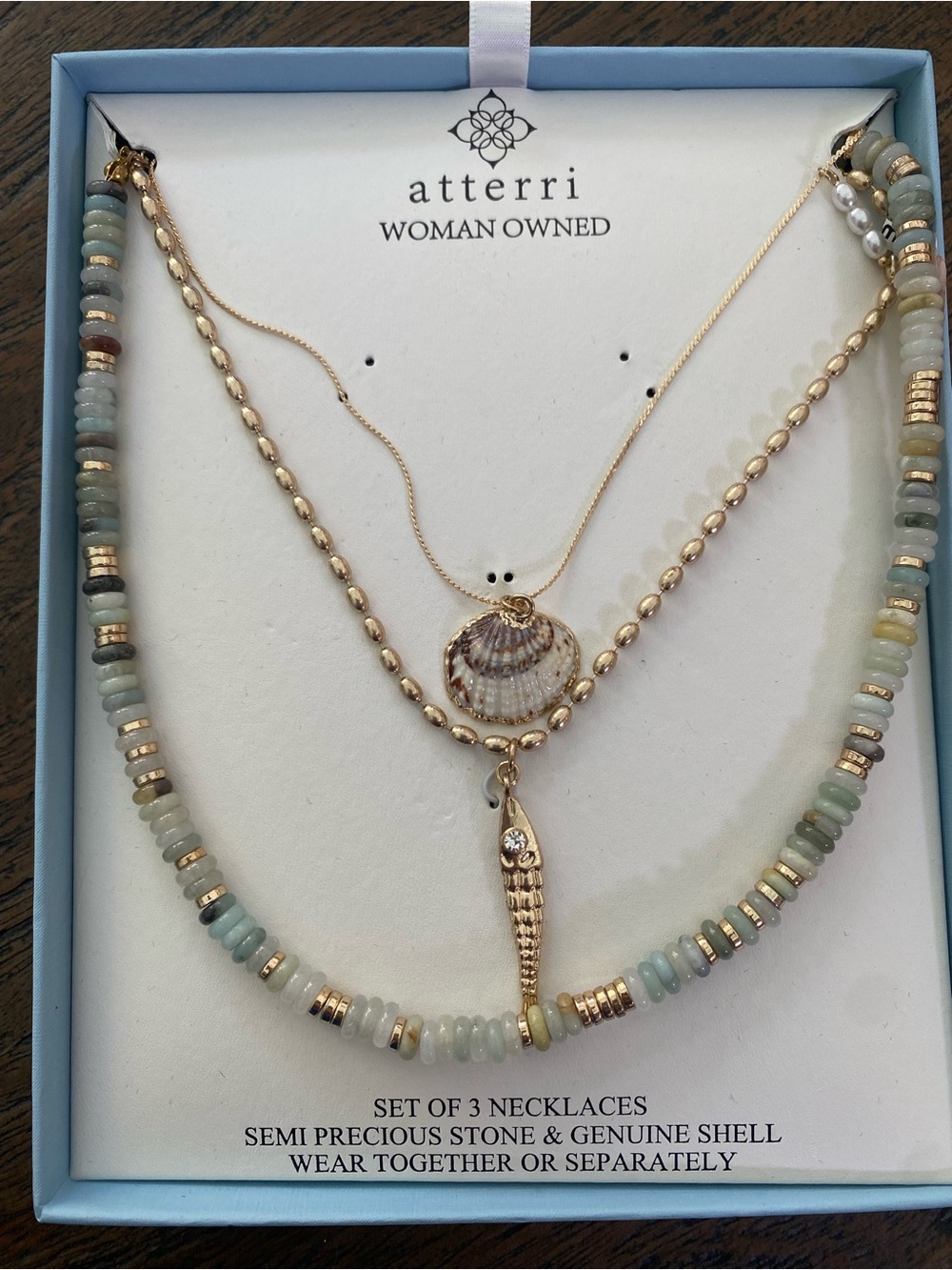 atterri Gold & Sea Glass Layered Necklace Set - Pale Aqua